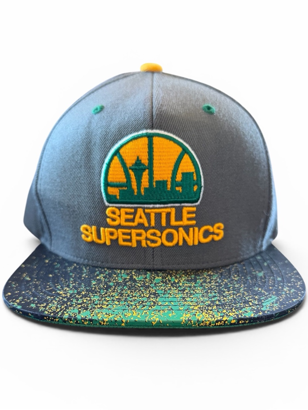 Mitchell & Ness Seattle Supersonics Snapback Hat in Gray, Green & Yellow